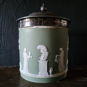 Antique Wedgwood Green Jasperware Biscuit Jar With Repousse Lid *Read